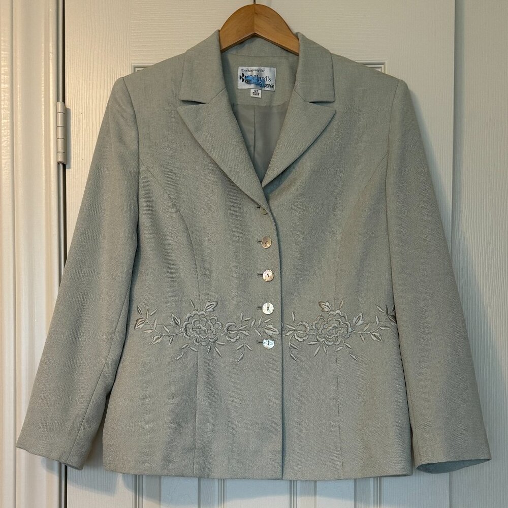 Kasper Size 12P Sage Green 2-Piece Pencil Skirt Suit; Blazer Embroidered Beading